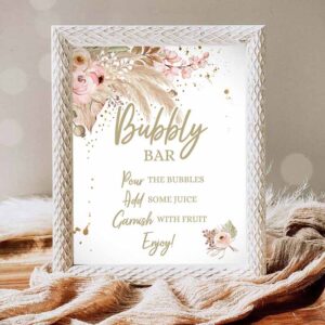 Boho Pampas Invitation, Bubbly Bar Sign Pampas Grass Bridal Shower Sign Champagne Bar Boho Invitation