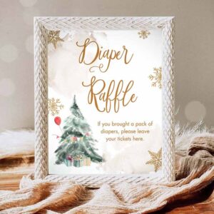Winter Invitation, Diaper Raffle Sign Winter Tree Watercolor Snowflake Baby Shower Sign Decor Invitation