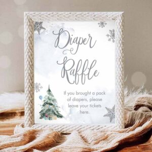 Winter Invitation, Diaper Raffle Winter Sign Winter Tree Watercolor Snowflake Baby Shower Sign Invitation
