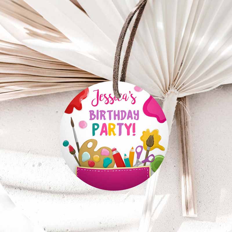 1 Editable Art Party Favor Tags Painting Party Thank You Tag Sticker Art Birthday Girl Pink Craft Paint Brush Corjl Template Printable 0319