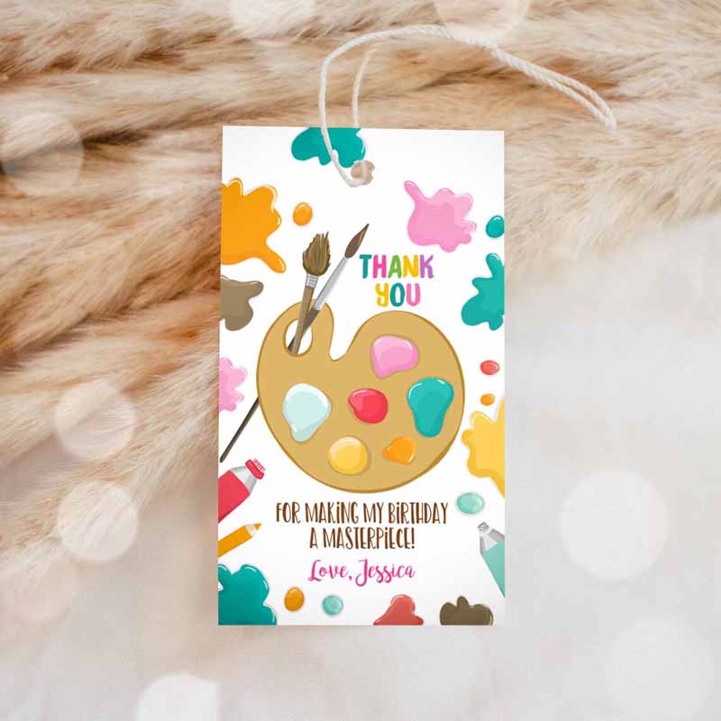 1 Editable Art Party Favor Tags Painting Thank You Tag Gift Tag Art Birthday Girl Pink Craft Paint Brush Corjl Template Printable 0319