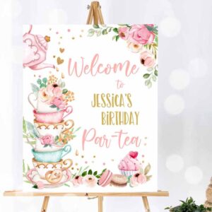 Tea Party Invitation, Birthday Tea Party, Welcome Sign Birthday, Par-tea Floral Pink Gold Whimsical Invitation