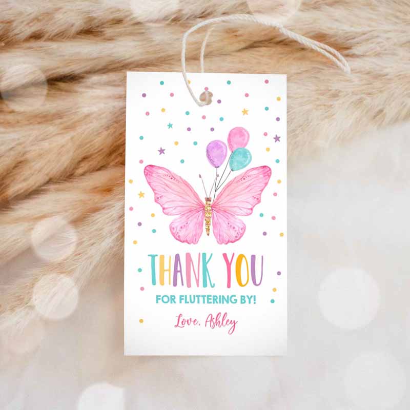1 editable butterfly favor tag birthday favors thank you fluttering by girl pink balloons confetti gold gift corjl template printable 0162 1
