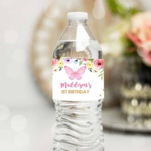 Butterfly Invitation, Butterfly Water Bottle Label Girl First Birthday, Birthday Party, Garden Pink Gold Invitation