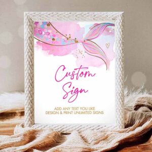 Mermaid Invitation, Custom Sign Mermaid Tail Watercolor Pink Aqua Girl Birthday, Shower Table Invitation