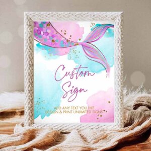 Mermaid Invitation, Custom Sign Mermaid Tail Watercolor Pink Purple Aqua Girl Birthday, Shower Invitation