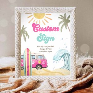 Surfing Invitation, Sign Girl The Big One Surf's Up Birthday Sign Beach Party Retro Wave Invitation