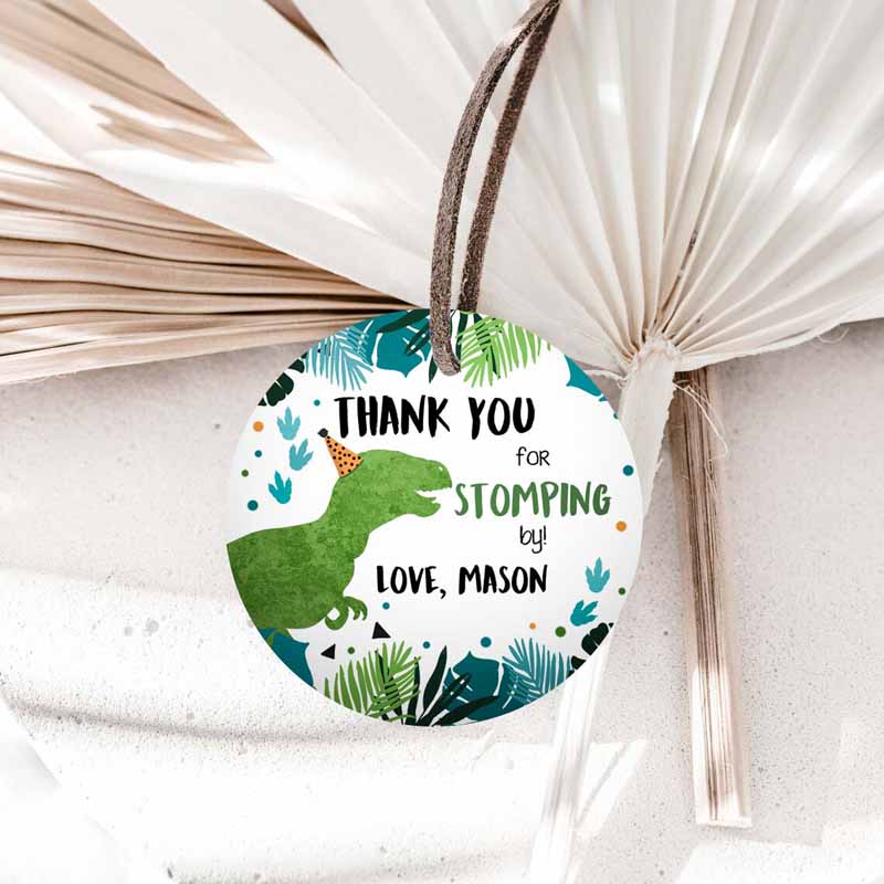 1 editable dinosaur birthday favor tags gift tags boy green blue three rex thank you stomping by dino party t rex corjl template printable 0389 1