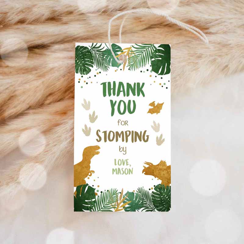 1 Editable Dinosaur Favor Tags Gift Tag Boy Green Gold Thank You for Stomping By Tag Birthday Dino Party T Rex Corjl Template Printable 0146