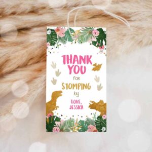 Dinosaur Invitation, Dinosaur Favor Tags, Gift Tag, Girl Pink Gold Thank You for Invitation