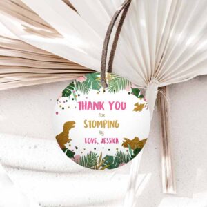 Dinosaur Invitation, Dinosaur Favor Tags, Gift Tag, Girl Pink Gold Thank You for Invitation