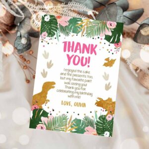 Dinosaur Invitation, Dinosaur Thank You Card Birthday, Note Pink Gold Girl Dino Party Invitation
