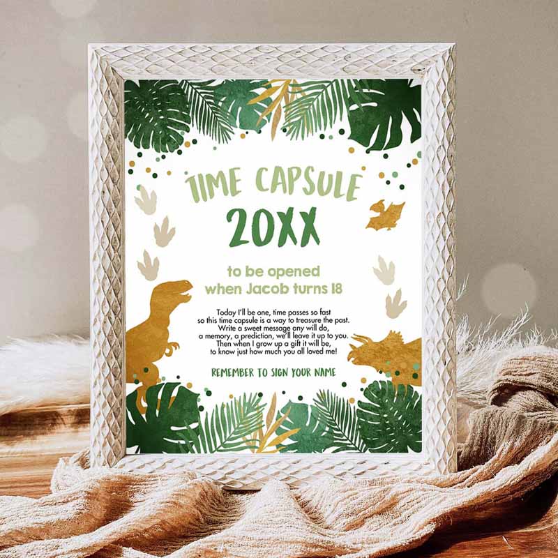 1 Editable Dinosaur Time Capsule First Birthday Party Green Gold Boy Party 1st Table Sign Cards T Rex Guestbook Corjl Template Printable 0146