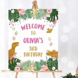 Dinosaur Invitation, Dinosaur Welcome Sign Girl Pink and Gold Dino Party, Dinosaur Birthday Invitation