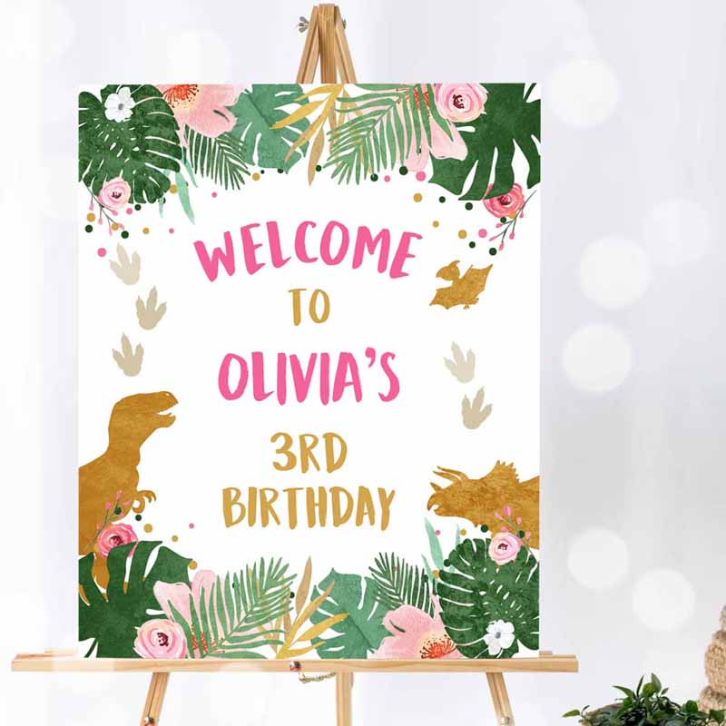 1 Editable Dinosaur Welcome Sign Girl Pink and Gold Dino Party Dinosaur Birthday Sign Welcome Dinosaur Sign Template PRINTABLE Corjl 0146