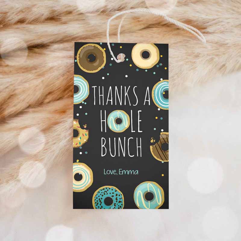 1 Editable Donut Favor Tags Tags Donut Birthday Donut Thank you tags A hole bunch Birthday Boy Blue Donut tags Template PRINTABLE Corjl 0050