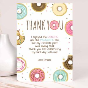 Donut Invitation, Donut Thank You Card Note Pink Girl Birthday Party, Doughnut Thank Invitation
