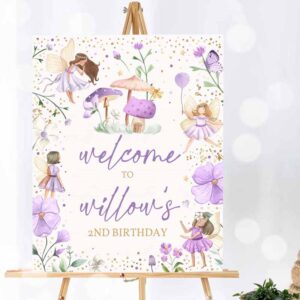 Fairy Invitation, Welcome Sign Whimsical Violet Enchanted Magical Floral Fairy Princess Birthday Party Decorations Invitation