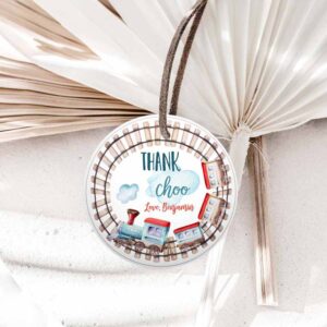 Stickers Thank Choo Thank You Tags Chugga Chugga Choo Red Blue Boy Cupcake topper Rails Invitation