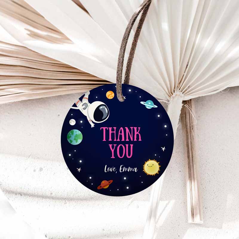1 editable girl space astronaut favor tag thank you tag birthday party outer space galaxy planets and stars round square corjl template 0259 1