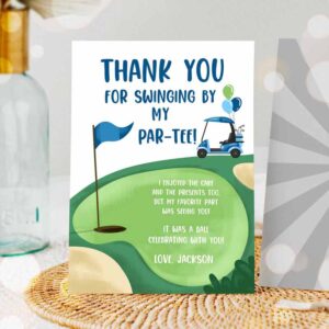 Golf Invitation, Golf Thank You Card Golfing Birthday Par-tee Swinging By Hole in One Golf Court Boy Girl Cart Invitation