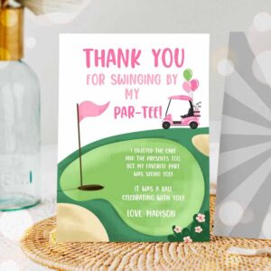 Golf Invitation, Golf Thank You Card Golfing Birthday Par-tee Swinging By Hole in One Golf Court Girl Pink Cart Invitation