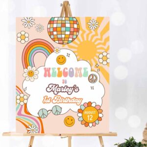 Groovy Invitation, Groovy Birthday, Welcome Sign Floral Boho Birthday, Welcome Sign Retro 70's Invitation