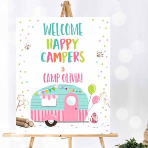 Camper Invitation, Happy Camper Welcome Sign Camp Birthday Party, Girl Party Invitation