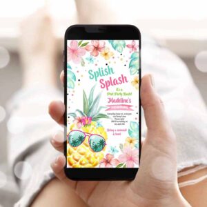 Pool Party Invitation, Hawaiian Luau Birthday, Evite Pineapple Birthday Party, Pool Party, Pink Girl Invitation