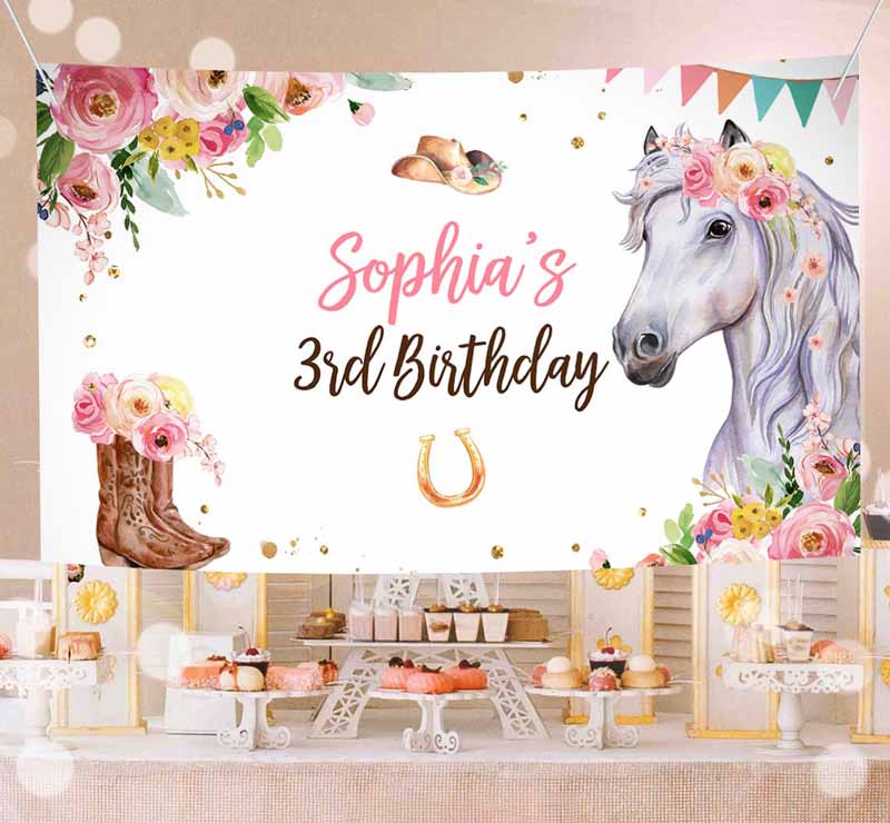 1 editable horse birthday backdrop saddle up watercolor cowgirl party girl pony birthday decor horse party sign corjl template printable 0408 1