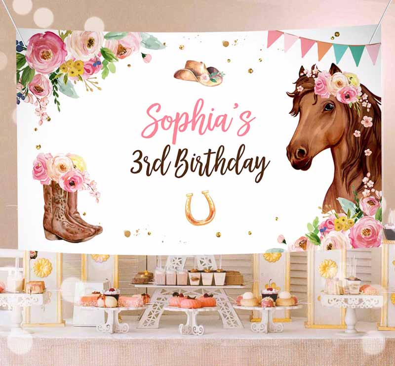 1 editable horse party birthday backdrop saddle up watercolor cowgirl party girl pony birthday decor horse party sign corjl template printable 0408 1