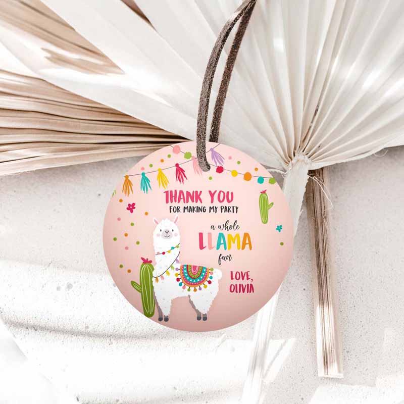 1 editable llama thank you favor tags baby shower llama stickers fiesta cactus alpaca mexican llama birthday girl pink corjl template 0079 1