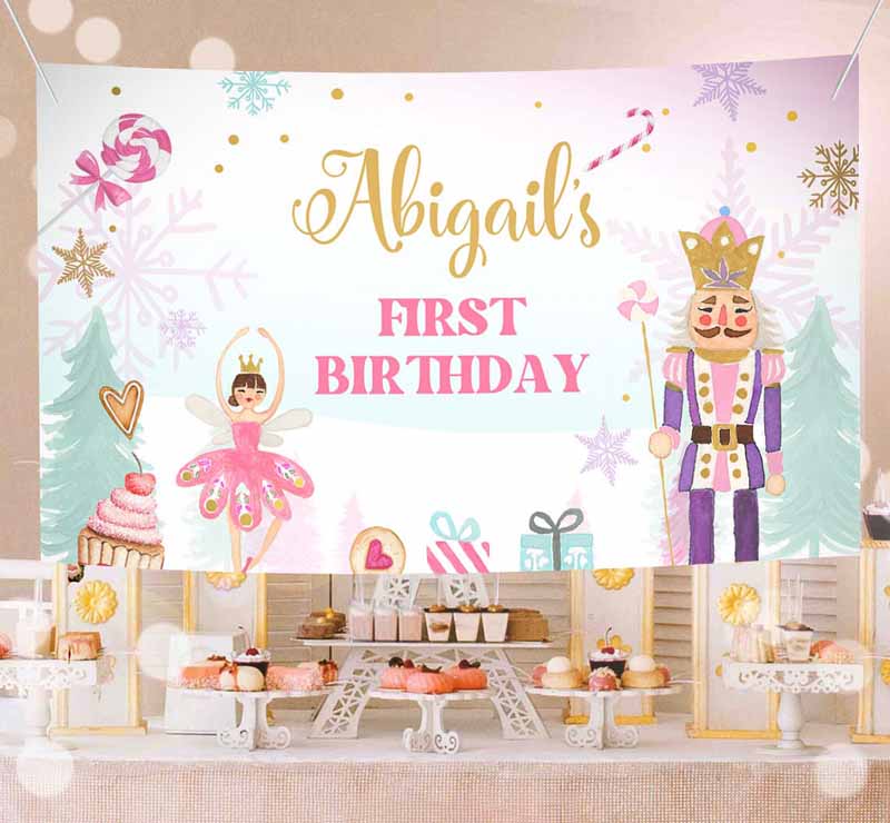 1 Editable Nutcracker Backdrop Banner Pink Gold Nutcracker Birthday Decor Girl Winter Land of Sweets Download Corjl Template Printable 0352