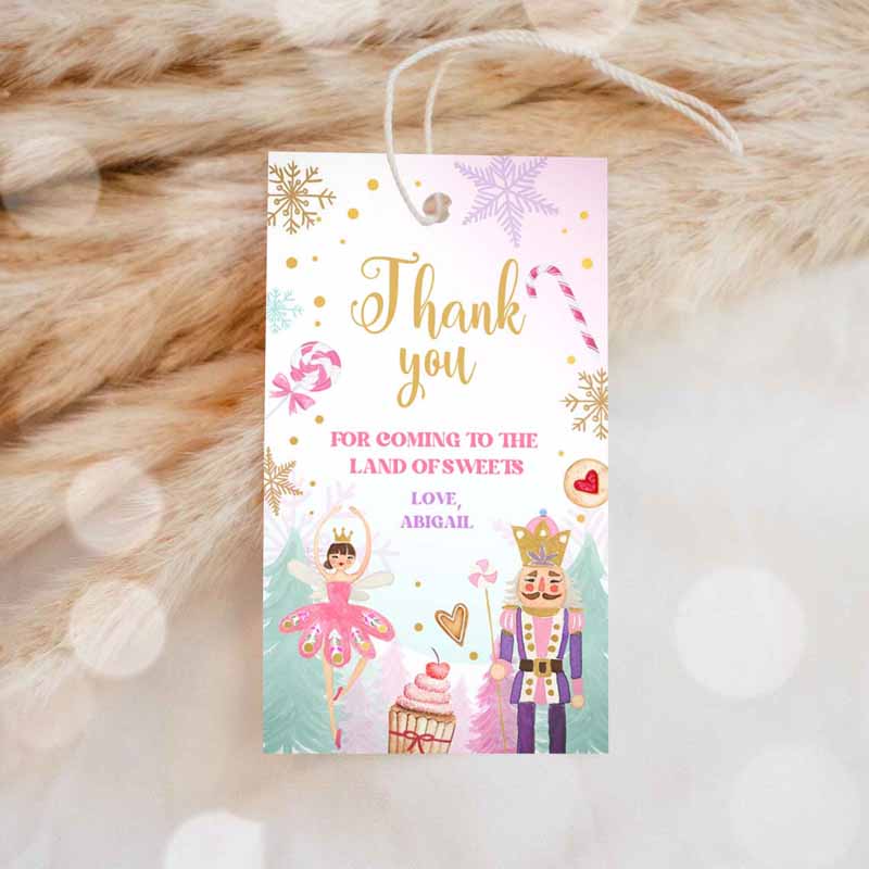 1 editable nutcracker birthday favor tag nutcracker birthday land of sweets thank you tag sugar plum fairy christmas winter pink gold girl corjl 0352 1