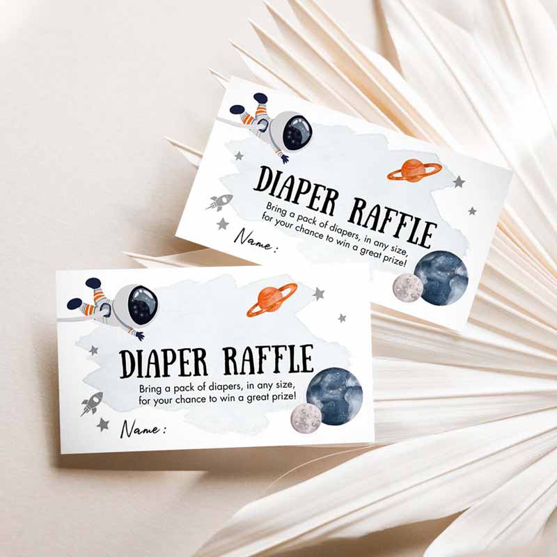 1 Editable Outer Space Astronaut Diaper Raffle Ticket Baby Shower Orange Planets Galaxy Registry Card Game Corjl Template PRINTABLE 0366