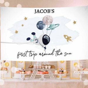 Outer Space Invitation, Outer Space Backdrop Banner Space Birthday, Boy Gold Blue First Birthday Invitation