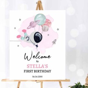 Outer Space Invitation, Outer Space Birthday, Welcome Sign 1st Birthday, Birthday Girl Pink Galaxy Planets Invitation