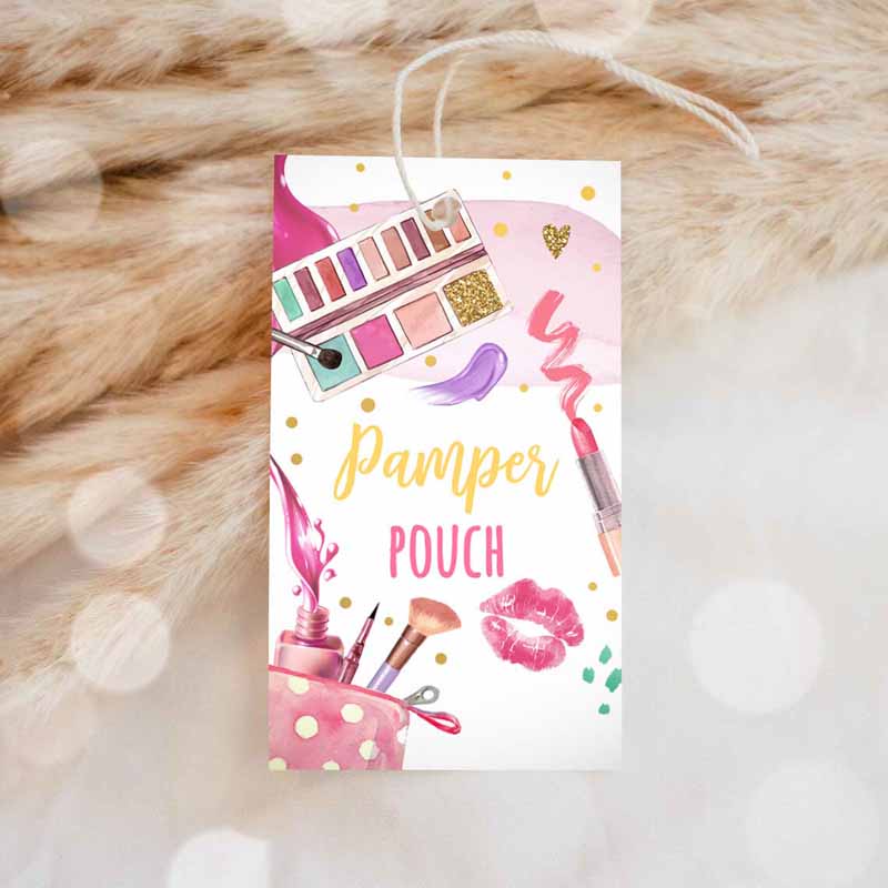1 editable pamper party favor tags spa party thank you tag pamper pouch tag girl glam party labels pink gift tag digital corjl template 0420 1