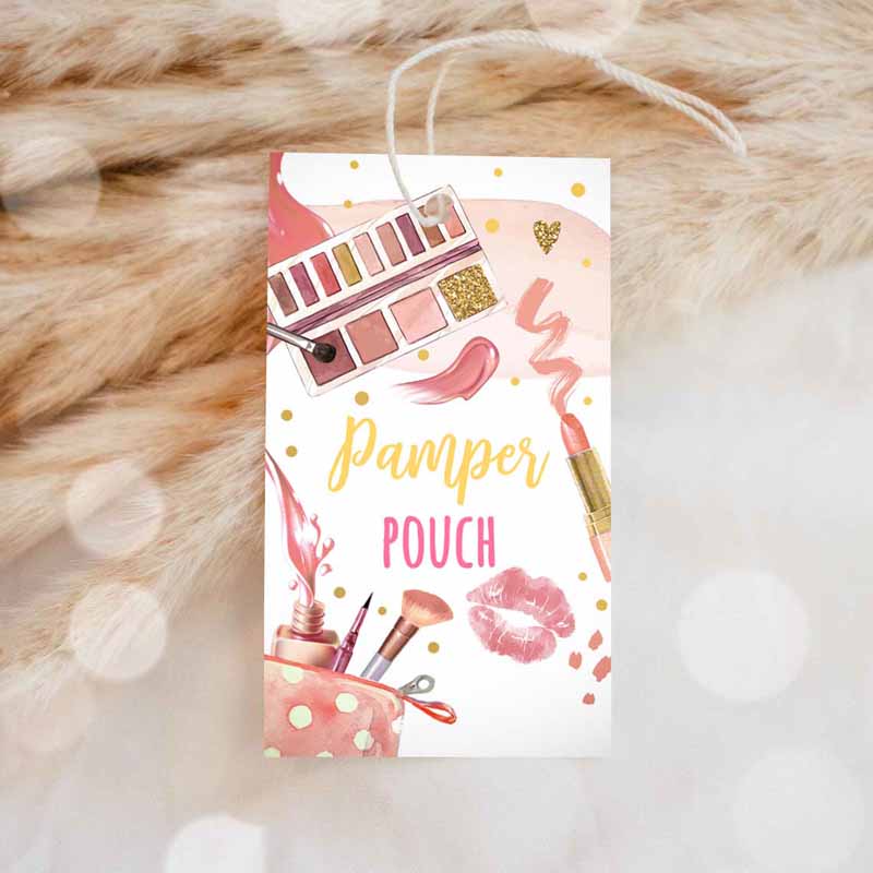 1 editable pamper party favor tags spa party thank you tags pamper pouch tag girl glam party labels pink gift tag digital corjl template 0420 1