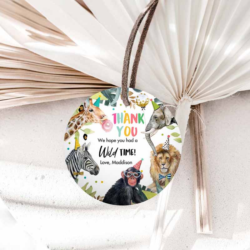 1 Editable Party Animals Favor Tag Wild One Animals Thank You Tags Safari Zoo Girl Birthday Wild Time Sticker Tag Digital Corjl Template 0417