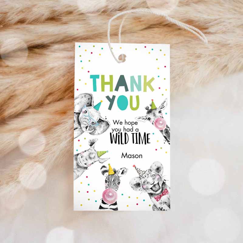 1 editable party animals favor tags boy wild one safari animals thank you tags zoo birthday wild time gift tag digital corjl template 0390 1