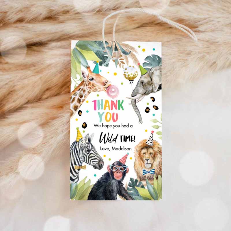 1 editable party animals favor tags wild one animal thank you tags safari zoo girl birthday wild time gift tag digital corjl template 0417 1