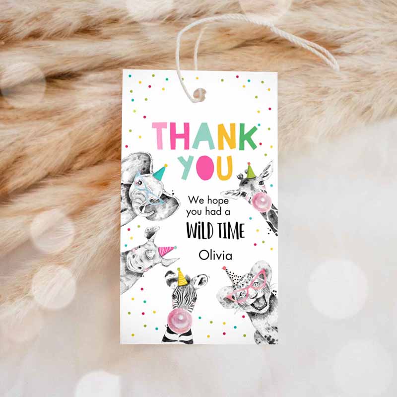1 editable party animals favor tags wild one animals thank you tags safari zoo girl birthday wild time gift tag digital corjl template 0390 1