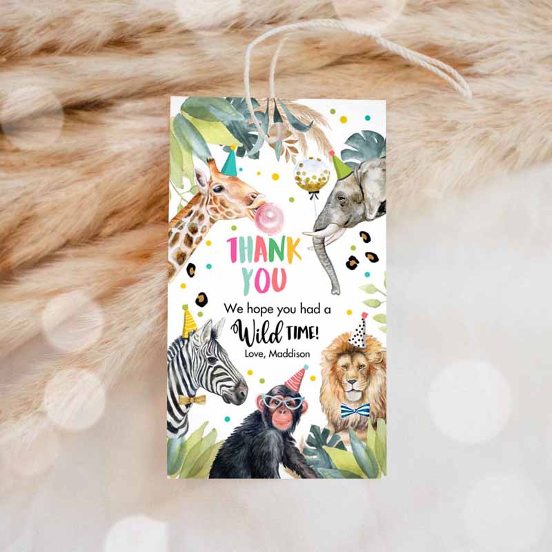 1 editable party animals favor tags wild one animals thank you tags safari zoo girl birthday wild time gift tag digital corjl template 0417 1