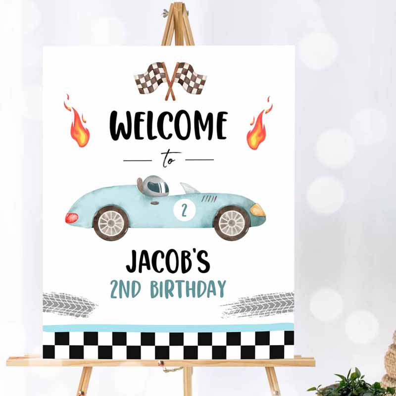1 Editable Racing Birthday Welcome Sign Race Car Sign Two Fast Two Curious 2nd Birthday Blue Boy Decor Template Corjl PRINTABLE 0424