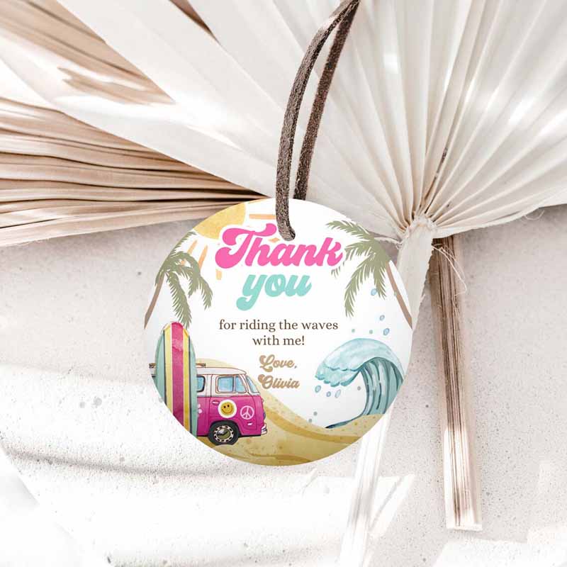 1 editable retro surf favor tags 1st birthday the big one thank you stickers beach party surf up van hippie wave template corjl printable 0433 1