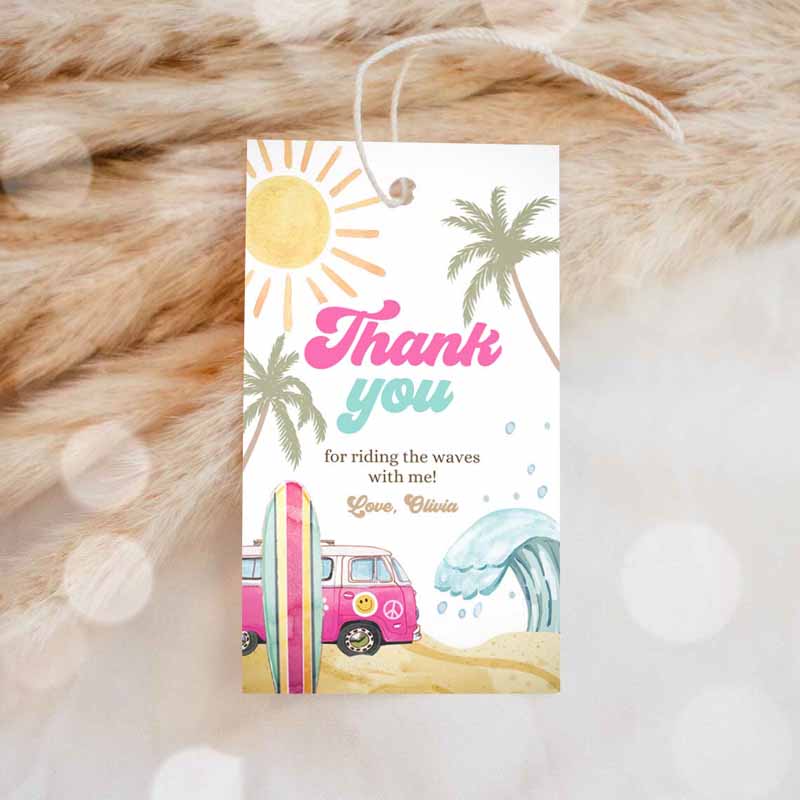 1 editable retro surf favor tags 1st birthday the big one thank you tags beach party surf up van girl pink wave template corjl printable 0433 1
