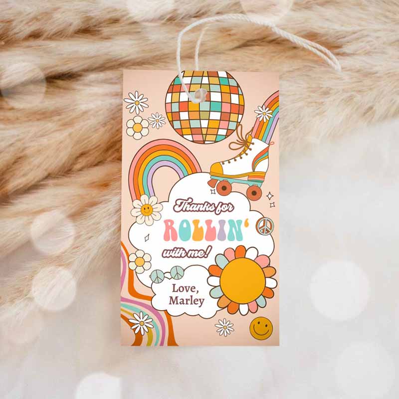 1 editable roller skating favor tag roller skate birthday thank you tags girl retro skate party disco download printable corjl template 0459 1