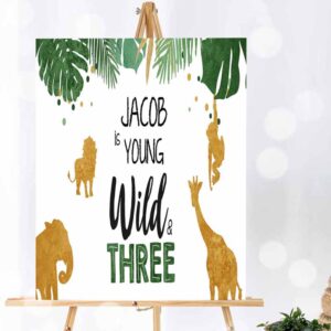 Wild One Invitation, Safari Animals Birthday, Backdrop Banner Boy Gold Wild and Three 3rd Invitation