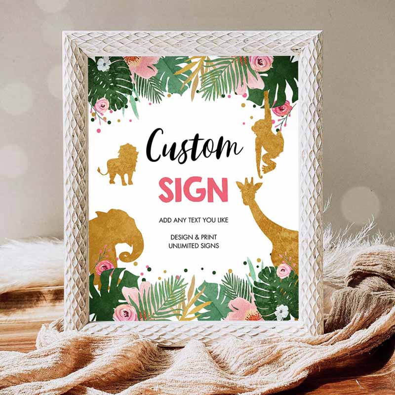 1 Editable Safari Animals Custom Sign Birthday Table Sign Decor Jungle Green Pink Girl Instant Download Corjl Template 8x10 Printable 0016